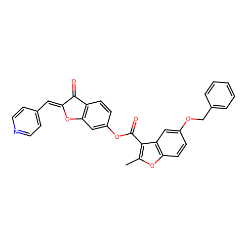 (2Z)-3-oxo-2-(pyridin-4-ylmethylidene)-2,3-dihydro-1-benzofuran-6-yl 5-(benzyloxy)-2-methyl-1-benzofuran-3-carboxylate structure