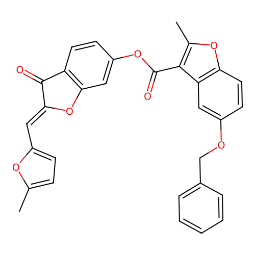 (2Z)-2-[(5-methylfuran-2-yl)methylidene]-3-oxo-2,3-dihydro-1-benzofuran-6-yl 5-(benzyloxy)-2-methyl-1-benzofuran-3-carboxylate structure