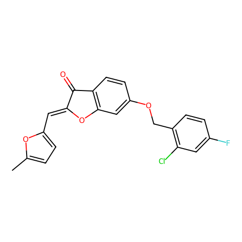 (Z)-6-((2-chloro-4-fluorobenzyl)oxy)-2-((5-methylfuran-2-yl)methylene)benzofuran-3(2H)-one structure