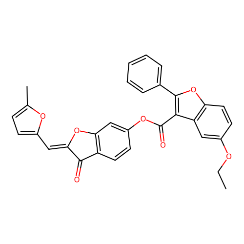 (Z)-2-((5-methylfuran-2-yl)methylene)-3-oxo-2,3-dihydrobenzofuran-6-yl 5-ethoxy-2-phenylbenzofuran-3-carboxylate structure