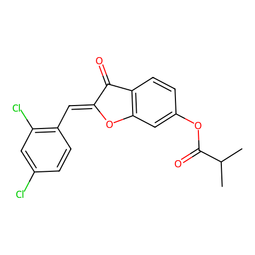 (2Z)-2-(2,4-dichlorobenzylidene)-3-oxo-2,3-dihydro-1-benzofuran-6-yl 2-methylpropanoate structure