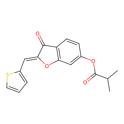 (Z)-3-oxo-2-(thiophen-2-ylmethylene)-2,3-dihydrobenzofuran-6-yl isobutyrate structure