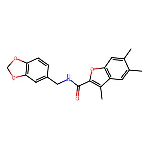 N-(1,3-benzodioxol-5-ylmethyl)-3,5,6-trimethyl-1-benzofuran-2-carboxamide structure