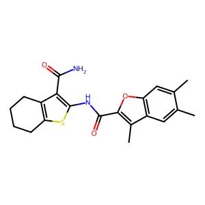 N-(3-carbamoyl-4,5,6,7-tetrahydro-1-benzothiophen-2-yl)-3,5,6-trimethyl-1-benzofuran-2-carboxamide structure