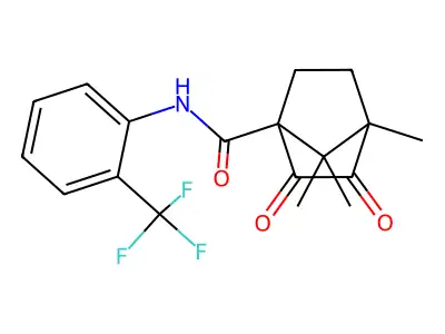 4,7,7-trimethyl-2,3-dioxo-N-(2-(trifluoromethyl)phenyl)bicyclo[2.2.1]heptane-1-carboxamide structure