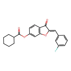 (2Z)-2-(3-fluorobenzylidene)-3-oxo-2,3-dihydro-1-benzofuran-6-yl cyclohexanecarboxylate structure