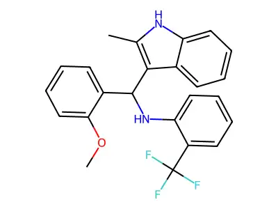 N-[(2-methoxyphenyl)-(2-methyl-1H-indol-3-yl)methyl]-2-(trifluoromethyl)aniline structure