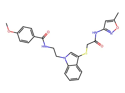 4-methoxy-N-[2-[3-[2-[(5-methyl-1,2-oxazol-3-yl)amino]-2-oxoethyl]sulfanylindol-1-yl]ethyl]benzamide structure