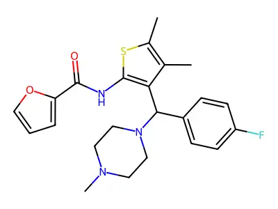 N-(3-((4-fluorophenyl)(4-methylpiperazin-1-yl)methyl)-4,5-dimethylthiophen-2-yl)furan-2-carboxamide structure