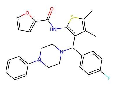 N-{3-[(4-fluorophenyl)(4-phenylpiperazin-1-yl)methyl]-4,5-dimethylthiophen-2-yl}furan-2-carboxamide structure