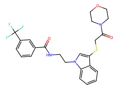 N-[2-[3-(2-morpholin-4-yl-2-oxo-ethyl)sulfanylindol-1-yl]ethyl]-3-(trifluoromethyl)benzamide structure