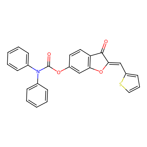 (2Z)-3-oxo-2-(thiophen-2-ylmethylidene)-2,3-dihydro-1-benzofuran-6-yl diphenylcarbamate structure