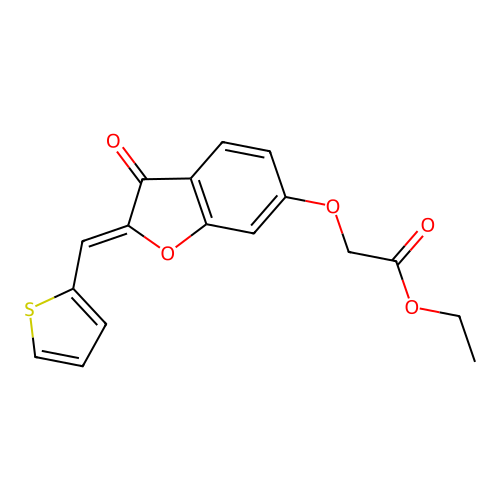 (Z)-ethyl 2-((3-oxo-2-(thiophen-2-ylmethylene)-2,3-dihydrobenzofuran-6-yl)oxy)acetate structure