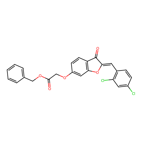 benzyl {[(2Z)-2-(2,4-dichlorobenzylidene)-3-oxo-2,3-dihydro-1-benzofuran-6-yl]oxy}acetate structure