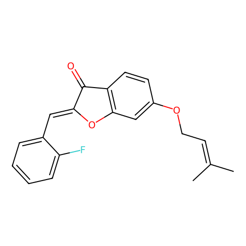 (Z)-2-(2-fluorobenzylidene)-6-((3-methylbut-2-en-1-yl)oxy)benzofuran-3(2H)-one structure