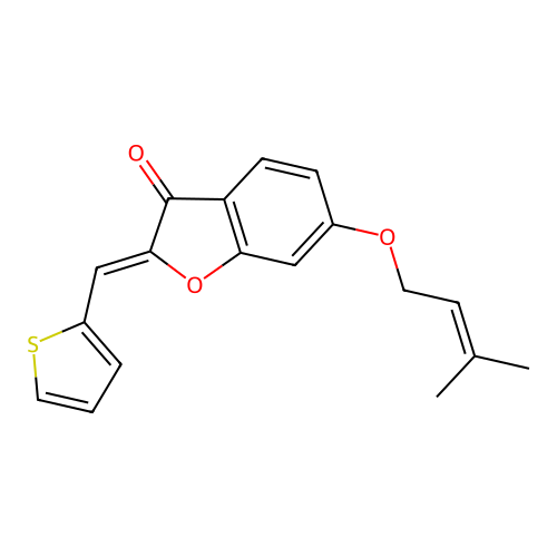 (Z)-6-((3-methylbut-2-en-1-yl)oxy)-2-(thiophen-2-ylmethylene)benzofuran-3(2H)-one structure
