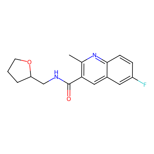 6-fluoro-2-methyl-N-(tetrahydrofuran-2-ylmethyl)quinoline-3-carboxamide structure