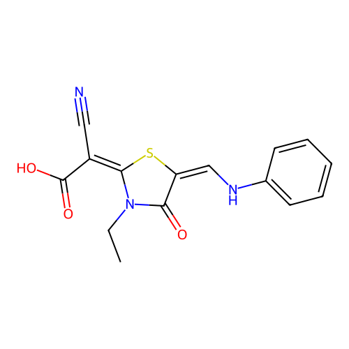 (2E)-2-[(5E)-5-(anilinomethylidene)-3-ethyl-4-oxo-1,3-thiazolidin-2-ylidene]-2-cyano-acetic Acid structure