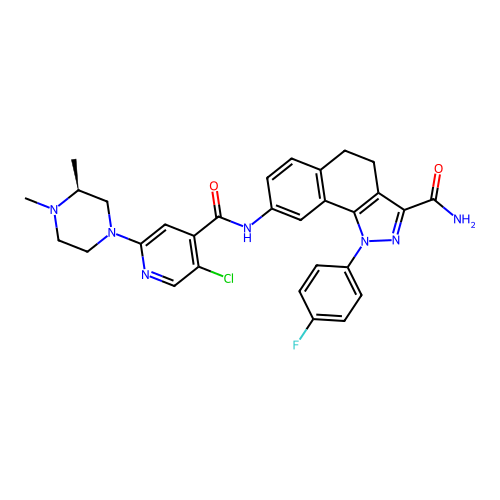 8-({5-Chloro-2-[(3S)-3,4-dimethylpiperazin-1-yl]isonicotinoyl}amino)-1-(4-fluoro-phenyl)-4,5-dihydro-1H-benzo[g]-indazole-3-carboxamide structure