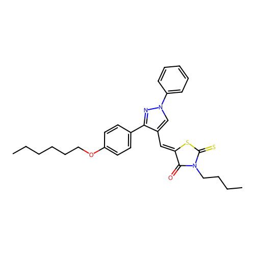 (5Z)-3-butyl-5-({3-[4-(hexyloxy)phenyl]-1-phenyl-1H-pyrazol-4-yl}methylene)-2-thioxo-1,3-thiazolidin-4-one structure