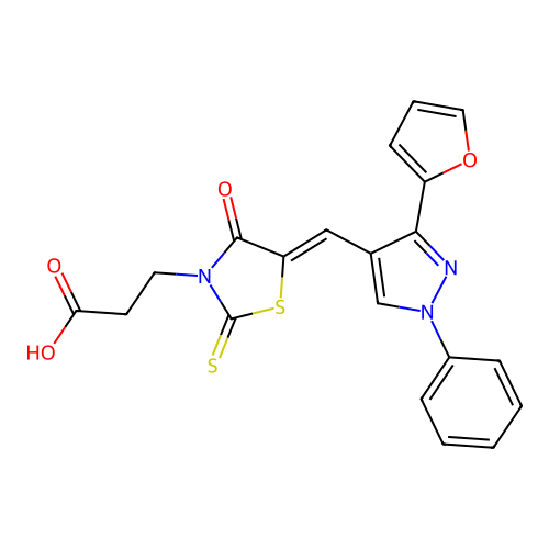 3-(5-((3-(Furan-2-yl)-1-phenyl-1H-pyrazol-4-yl)methylene)-4-oxo-2-thioxothiazolidin-3-yl)propanoic acid structure