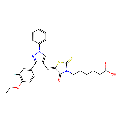6-((5Z)-5-{[3-(4-ETHOXY-3-FLUOROPHENYL)-1-PHENYL-1H-PYRAZOL-4-YL]METHYLENE}-4-OXO-2-THIOXO-1,3-THIAZOLIDIN-3-YL)HEXANOIC ACID structure