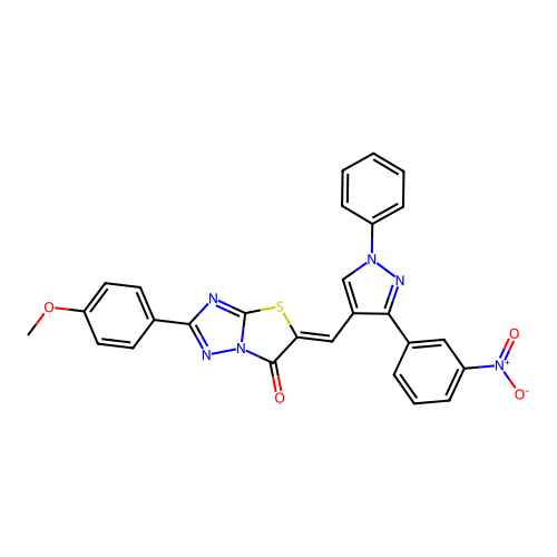 2-(4-Methoxyphenyl)-5-((3-(3-nitrophenyl)-1-phenyl-1H-pyrazol-4-yl)methylene)thiazolo[3,2-b][1,2,4]triazol-6(5H)-one structure