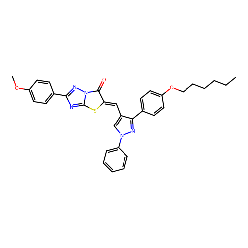(5Z)-5-({3-[4-(HEXYLOXY)PHENYL]-1-PHENYL-1H-PYRAZOL-4-YL}METHYLENE)-2-(4-METHOXYPHENYL)[1,3]THIAZOLO[3,2-B][1,2,4]TRIAZOL-6(5H)-ONE structure