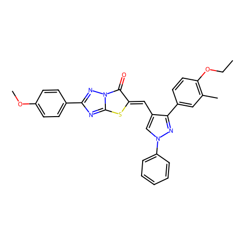 (5Z)-5-{[3-(4-ethoxy-3-methylphenyl)-1-phenyl-1H-pyrazol-4-yl]methylene}-2-(4-methoxyphenyl)[1,3]thiazolo[3,2-b][1,2,4]triazol-6(5H)-one structure