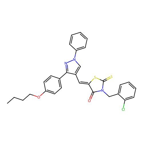 (5Z)-5-{[3-(4-butoxyphenyl)-1-phenyl-1H-pyrazol-4-yl]methylene}-3-(2-chlorobenzyl)-2-thioxo-1,3-thiazolidin-4-one structure
