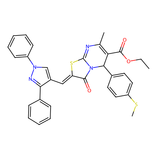 Ethyl 2-((1,3-diphenyl-1H-pyrazol-4-yl)methylene)-7-methyl-5-(4-(methylthio)phenyl)-3-oxo-3,5-dihydro-2H-thiazolo[3,2-a]pyrimidine-6-carboxylate structure