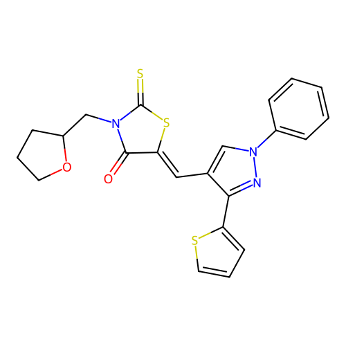 (5Z)-5-{[1-PHENYL-3-(2-THIENYL)-1H-PYRAZOL-4-YL]METHYLENE}-3-(TETRAHYDRO-2-FURANYLMETHYL)-2-THIOXO-1,3-THIAZOLIDIN-4-ONE structure