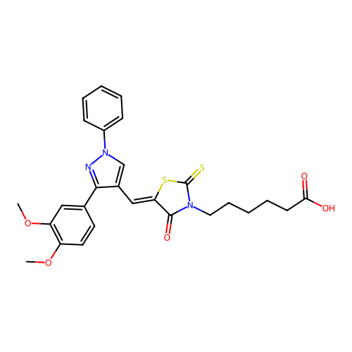 6-((5Z)-5-{[3-(3,4-dimethoxyphenyl)-1-phenyl-1H-pyrazol-4-yl]methylene}-4-oxo-2-thioxo-1,3-thiazolidin-3-yl)hexanoic acid structure