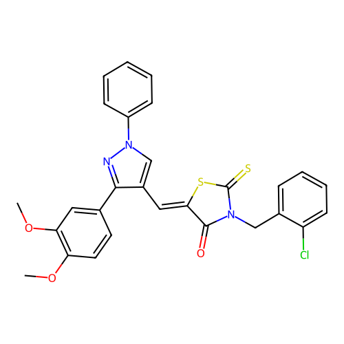 (5Z)-3-(2-chlorobenzyl)-5-{[3-(3,4-dimethoxyphenyl)-1-phenyl-1H-pyrazol-4-yl]methylene}-2-thioxo-1,3-thiazolidin-4-one structure