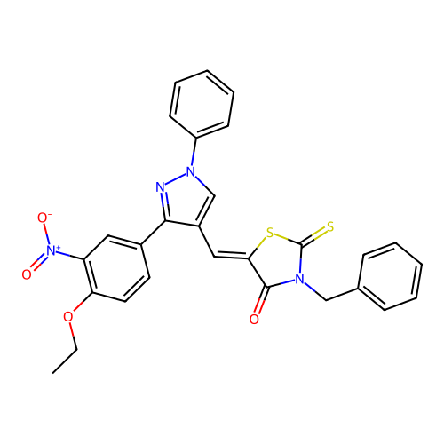 3-Benzyl-5-((3-(4-ethoxy-3-nitrophenyl)-1-phenyl-1H-pyrazol-4-yl)methylene)-2-thioxothiazolidin-4-one structure