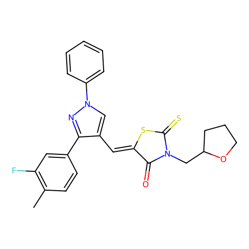 (Z)-5-((3-(3-fluoro-4-methylphenyl)-1-phenyl-1H-pyrazol-4-yl)methylene)-3-((tetrahydrofuran-2-yl)methyl)-2-thioxothiazolidin-4-one structure