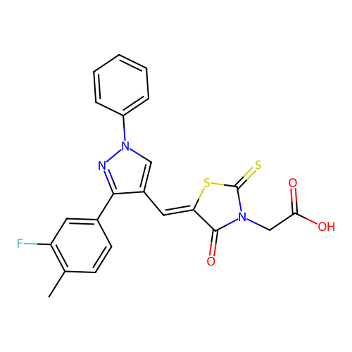 ((5Z)-5-{[3-(3-fluoro-4-methylphenyl)-1-phenyl-1H-pyrazol-4-yl]methylene}-4-oxo-2-thioxo-1,3-thiazolidin-3-yl)acetic acid structure