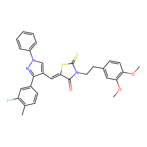 (5Z)-3-[2-(3,4-dimethoxyphenyl)ethyl]-5-{[3-(3-fluoro-4-methylphenyl)-1-phenyl-1H-pyrazol-4-yl]methylene}-2-thioxo-1,3-thiazolidin-4-one structure