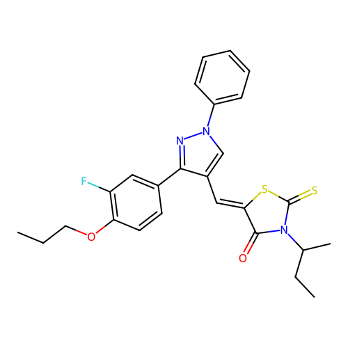 (5Z)-3-sec-butyl-5-{[3-(3-fluoro-4-propoxyphenyl)-1-phenyl-1H-pyrazol-4-yl]methylene}-2-thioxo-1,3-thiazolidin-4-one structure