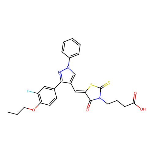 4-((5Z)-5-{[3-(3-FLUORO-4-PROPOXYPHENYL)-1-PHENYL-1H-PYRAZOL-4-YL]METHYLENE}-4-OXO-2-THIOXO-1,3-THIAZOLIDIN-3-YL)BUTANOIC ACID structure