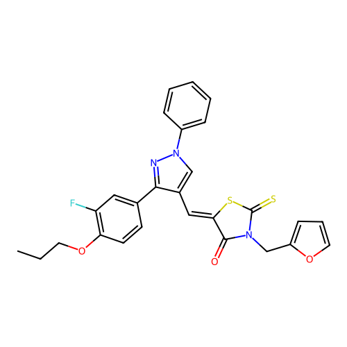 (5Z)-5-{[3-(3-FLUORO-4-PROPOXYPHENYL)-1-PHENYL-1H-PYRAZOL-4-YL]METHYLENE}-3-(2-FURYLMETHYL)-2-THIOXO-1,3-THIAZOLIDIN-4-ONE structure