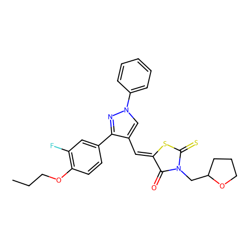 (5Z)-5-{[3-(3-fluoro-4-propoxyphenyl)-1-phenyl-1H-pyrazol-4-yl]methylene}-3-(tetrahydro-2-furanylmethyl)-2-thioxo-1,3-thiazolidin-4-one structure