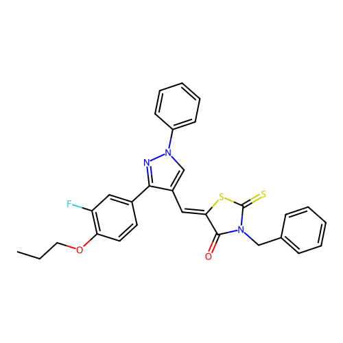 (5Z)-3-benzyl-5-{[3-(3-fluoro-4-propoxyphenyl)-1-phenyl-1H-pyrazol-4-yl]methylene}-2-thioxo-1,3-thiazolidin-4-one structure
