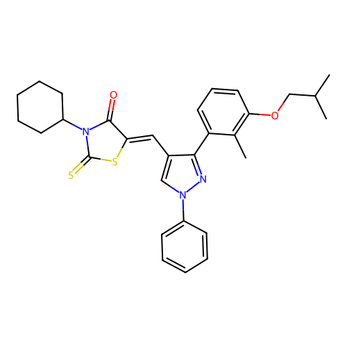 (5Z)-3-cyclohexyl-5-{[3-(3-isobutoxy-2-methylphenyl)-1-phenyl-1H-pyrazol-4-yl]methylene}-2-thioxo-1,3-thiazolidin-4-one structure