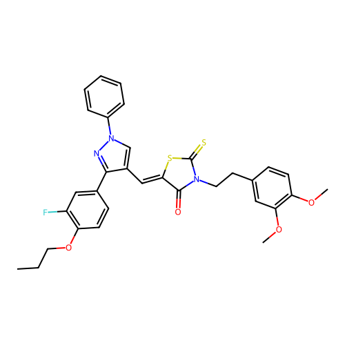(5Z)-3-[2-(3,4-dimethoxyphenyl)ethyl]-5-{[3-(3-fluoro-4-propoxyphenyl)-1-phenyl-1H-pyrazol-4-yl]methylene}-2-thioxo-1,3-thiazolidin-4-one structure