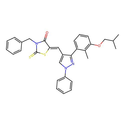 (5Z)-3-benzyl-5-{[3-(3-isobutoxy-2-methylphenyl)-1-phenyl-1H-pyrazol-4-yl]methylene}-2-thioxo-1,3-thiazolidin-4-one structure