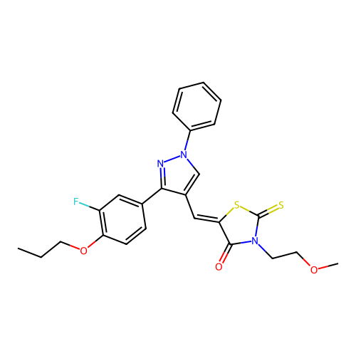 (5Z)-5-{[3-(3-fluoro-4-propoxyphenyl)-1-phenyl-1H-pyrazol-4-yl]methylene}-3-(2-methoxyethyl)-2-thioxo-1,3-thiazolidin-4-one structure