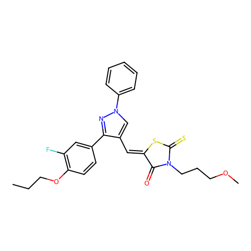 (5Z)-5-{[3-(3-fluoro-4-propoxyphenyl)-1-phenyl-1H-pyrazol-4-yl]methylene}-3-(3-methoxypropyl)-2-thioxo-1,3-thiazolidin-4-one structure