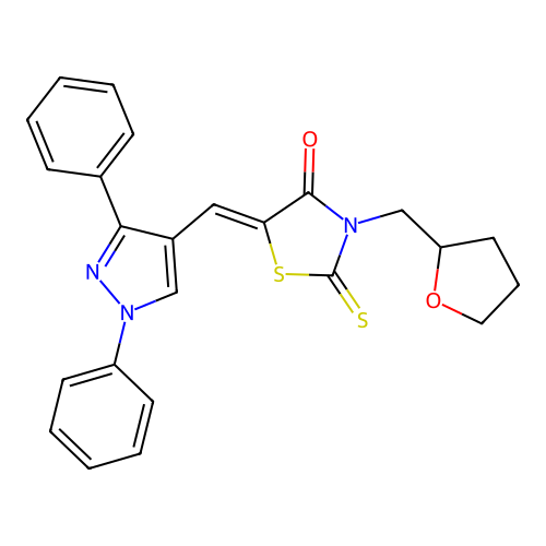 (Z)-5-((1,3-diphenyl-1H-pyrazol-4-yl)methylene)-3-((tetrahydrofuran-2-yl)methyl)-2-thioxothiazolidin-4-one structure