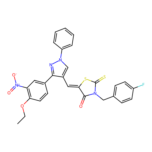 (5Z)-5-{[3-(4-ethoxy-3-nitrophenyl)-1-phenyl-1H-pyrazol-4-yl]methylene}-3-(4-fluorobenzyl)-2-thioxo-1,3-thiazolidin-4-one structure